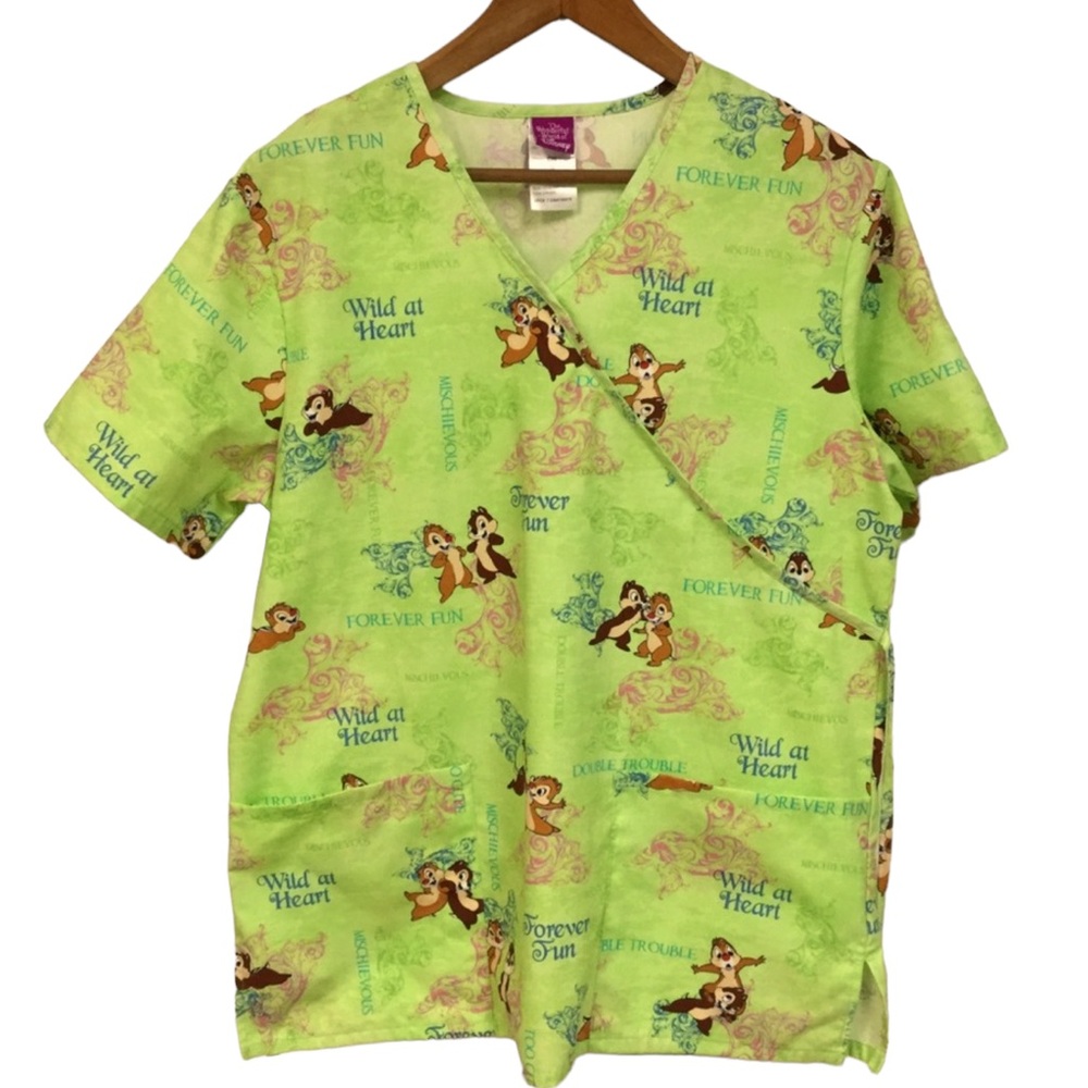 DISNEY sz Small Work Scrub Top Chip and Dale Chipmunks Pockets Ties Lime Green